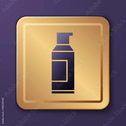 Purple Spray can for hairspray, deodorant, antiperspirant icon isolated on purple background. Gold square button. Vector.