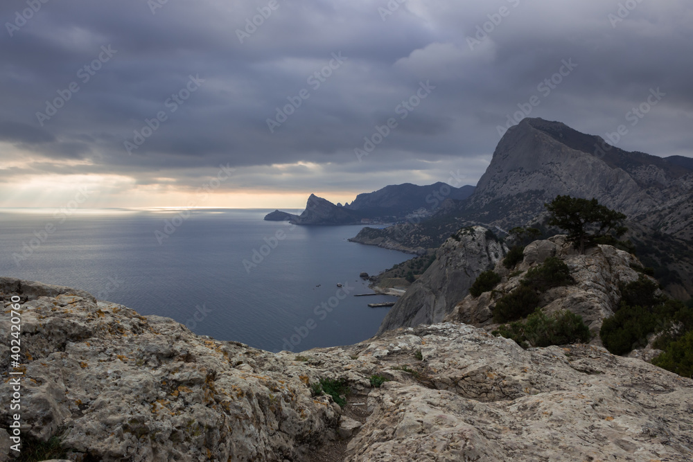 View of Cape Capchik and Sudak Bay from Mount Krepostnaya (the Fortress mountain), Sudak, Crimea