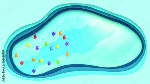 Abstract Blue Paper Cut Background With Balloons Clouds Sky Vector Design Style