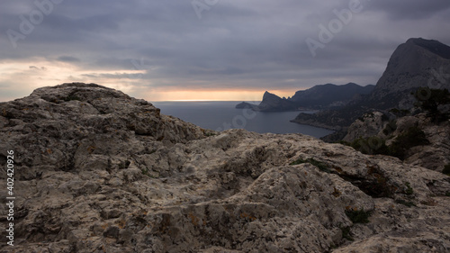 View of Cape Capchik and Sudak Bay from Mount Krepostnaya (the Fortress mountain), Sudak, Crimea photo