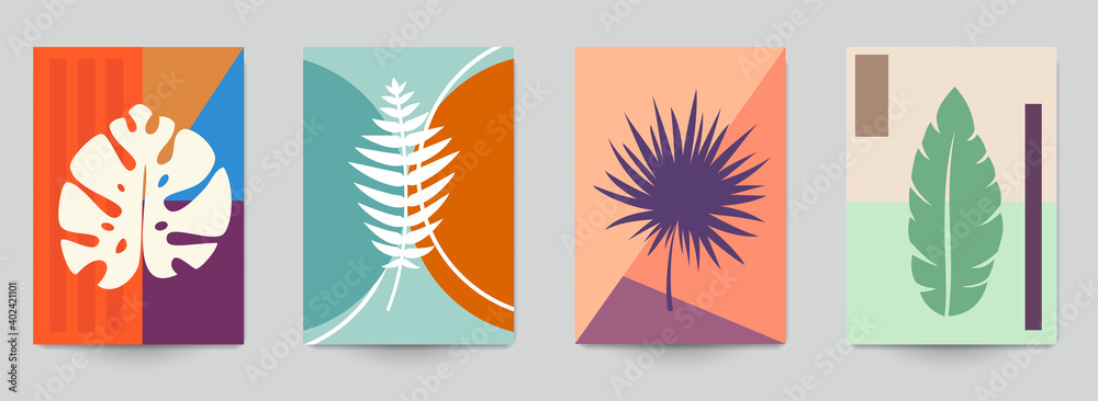 Set of abstract art concept composition with silhouettes leafs and geometric shapes in minimal style. Design modern trendy background for print, poster, card, wallpaper. Botanical vector illustration.