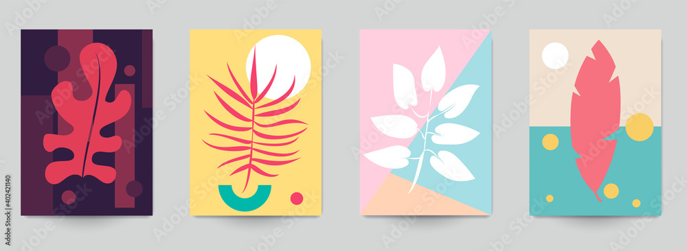 Set of abstract art concept composition with silhouettes leafs and geometric shapes in minimal style. Design modern trendy background for print, poster, card, wallpaper. Botanical vector illustration.