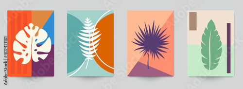 Set of abstract art concept composition with silhouettes leafs and geometric shapes in minimal style. Design modern trendy background for print  poster  card  wallpaper. Botanical vector illustration.