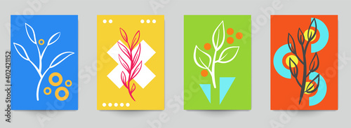 Set of abstract art concept composition with silhouettes leafs and geometric shapes in minimal style. Design modern trendy background for print, poster, card, wallpaper. Botanical vector illustration.