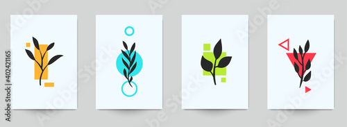 Set of abstract art concept composition with silhouettes leafs and geometric shapes in minimal style. Design modern trendy background for print, poster, card, wallpaper. Botanical vector illustration.