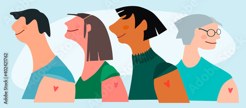 Vaccination time concept. Happy people of different, gender and skin color after vaccine injection in shoulder. Vector illustration with place for text. Banner, poster, flyer, social media post