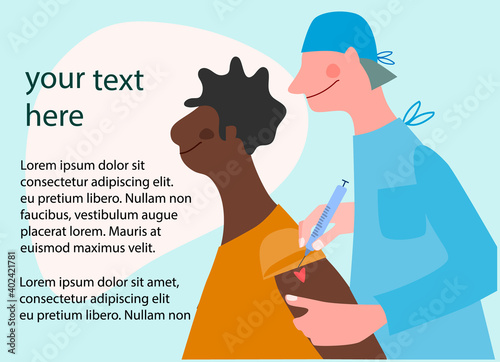 Vaccination time, stop coronavirus concept. Doctor inoculates black female patient, making vaccine injection in shoulder. Vector illustration with place for text. Banner, poster,social media post