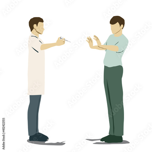 Opposition to Vaccines. A person loath getting a vaccine. In the painting is a doctor holding a syringe and in front of him a man who raises his hands in refusal. Colorful flat vector drawing on a w
