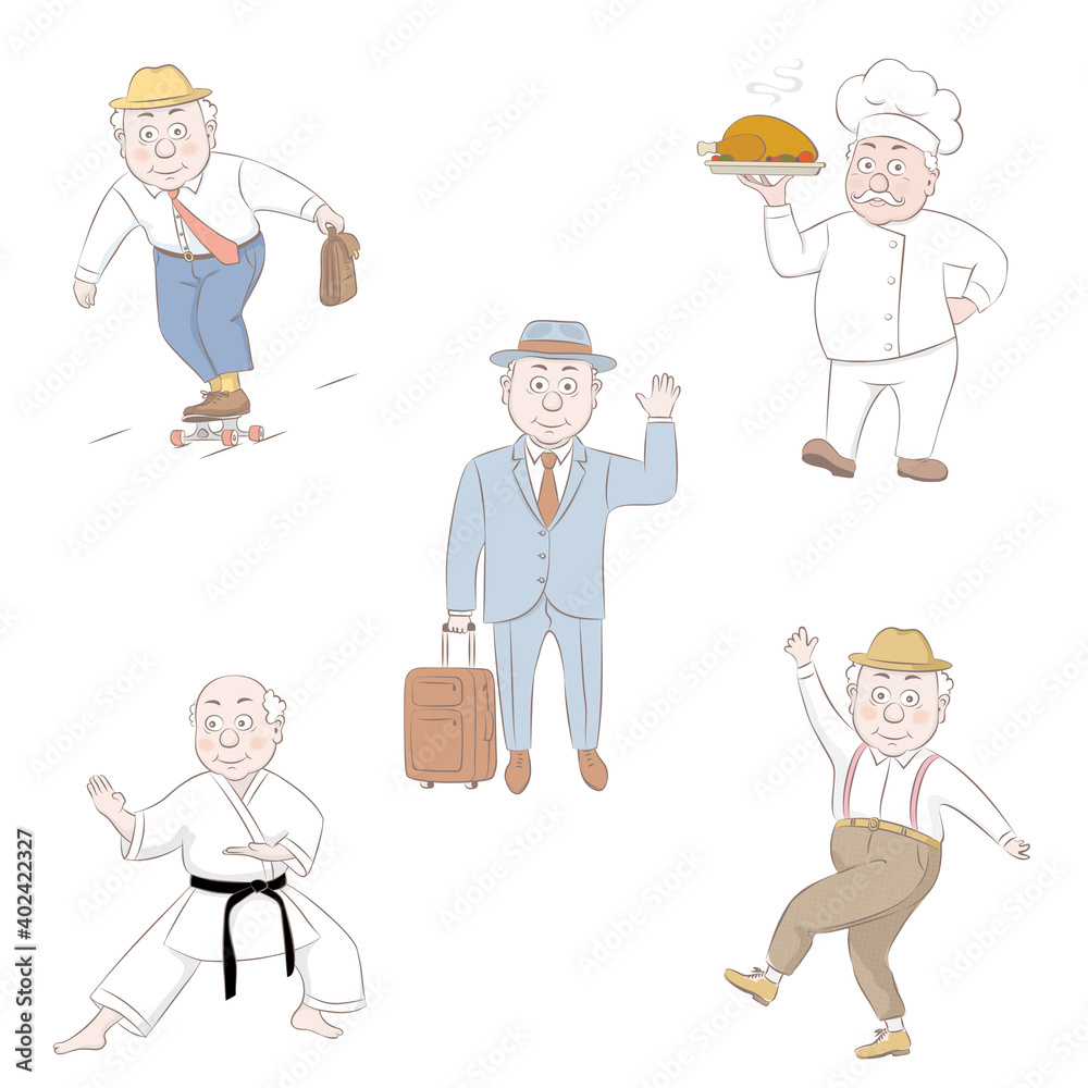 Set cartoon male characters in different poses.Vector illustration of an old man playing sports, dancing, traveling, cooking. Set cartoon male characters in different poses.Vector illustration of an old man playing sports, dancing, traveling, cooking.