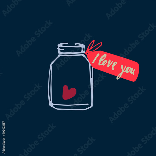 Heart in jar, tag with hand-lettered phrase I Love You. Love confession vector design. Greeting card, social media post template on dark background. Love, Romance, Valentines Day concept