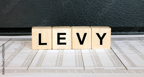 Billede på lærred Word Levy made with wood toy blocks on financial tables