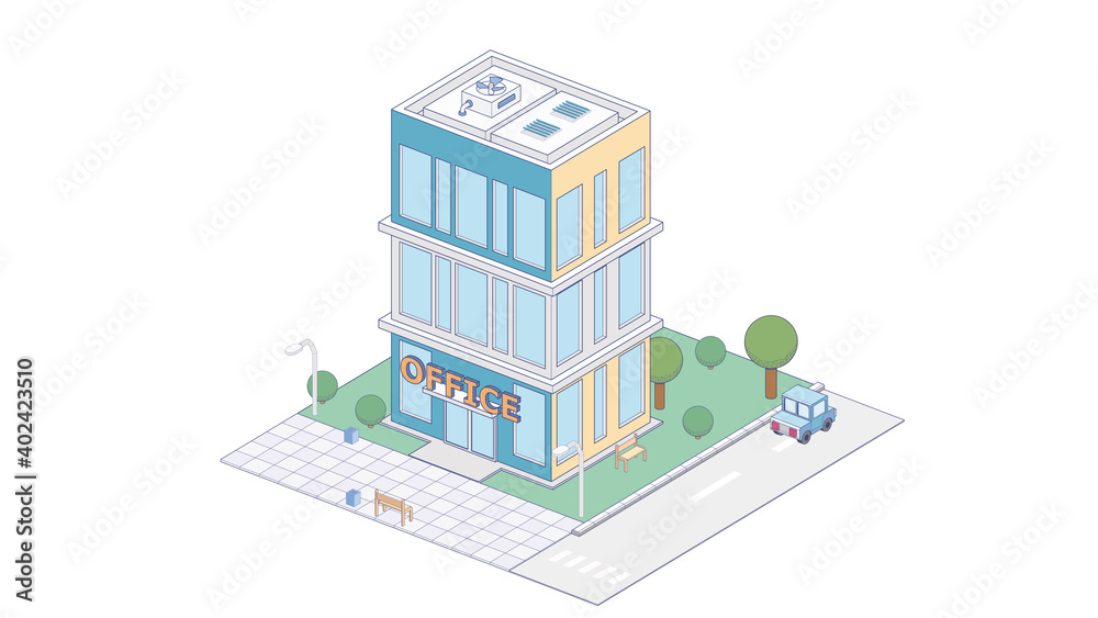 Vector isometric icon or infographic element representing city office building with cars and trees on the street
