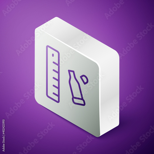 Isometric line Bullet casing as a piece of evidence placed with forensic ruler for documentation icon isolated on purple background. Concept of crime scene. Silver square button. Vector.