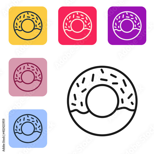 Black line Donut with sweet glaze icon isolated on white background. Set icons in color square buttons. Vector.