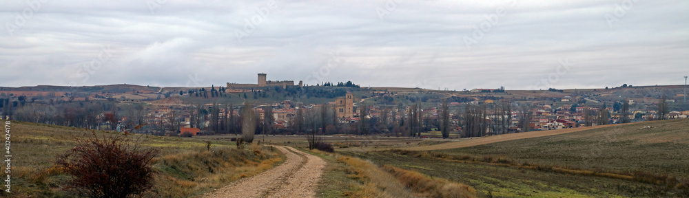 Peñaranda de Duero en Burgos, España.  Vista panorámica desde los campos de cultivo del sur labrados en otoño en un día nublado.