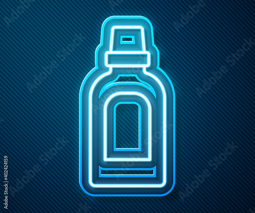 Glowing neon line Plastic bottle for laundry detergent, bleach, dishwashing liquid or another cleaning agent icon isolated on blue background. Vector.