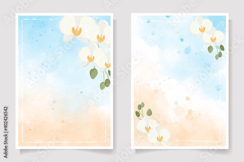 white Phalaenopsis orchid on blue  sand beach watercolor splash wedding invitation background collection