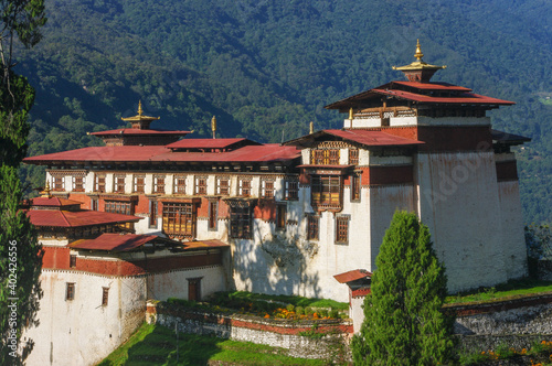 Landscape view of Trongsa dzong in Central Bhutan the religious and administrative center of the province with forest mountain background