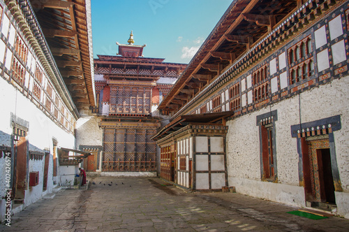 View of traditional architecture of Trongsa dzong inner courtyard in Central Bhutan the religious and administrative center of the province