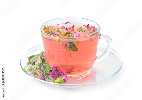 Cup of floral tea on white background