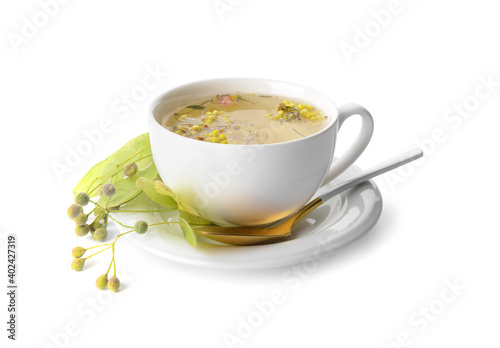 Cup of floral tea on white background