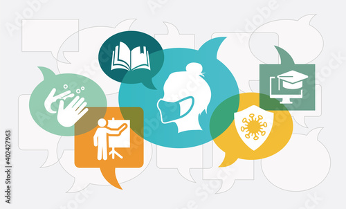 school education during corona virus pandemic vector illustration (opacity all 100%). Concept with icons on higher education, covid rules, protecting students, learning & studying in secondary school.