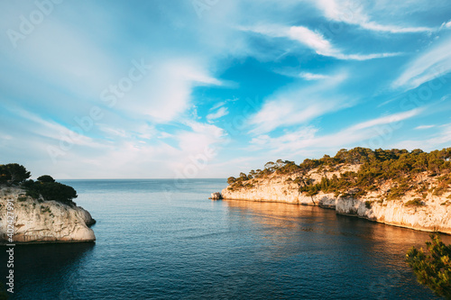 Cassis, Calanques, France. French Riviera. Beautiful Nature Of Cote De Azur On The Azure Coast Of France. Calanques - A Deep Bay Surrounded By High Cliffs. Elevated View © Grigory Bruev