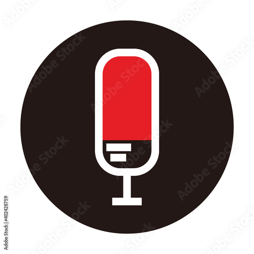 silhouette microphone with two stripes for broadcast or podcast icon or logo -  isolated on black circle background - red and white illustrations