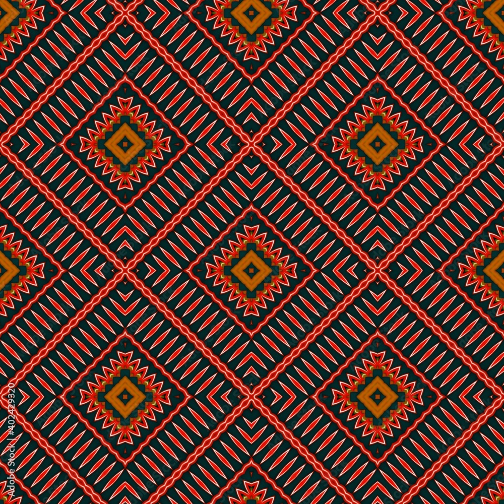 Seamless pattern with symmetric geometric ornament.
Seamless pattern with symmetric geometric ornament.