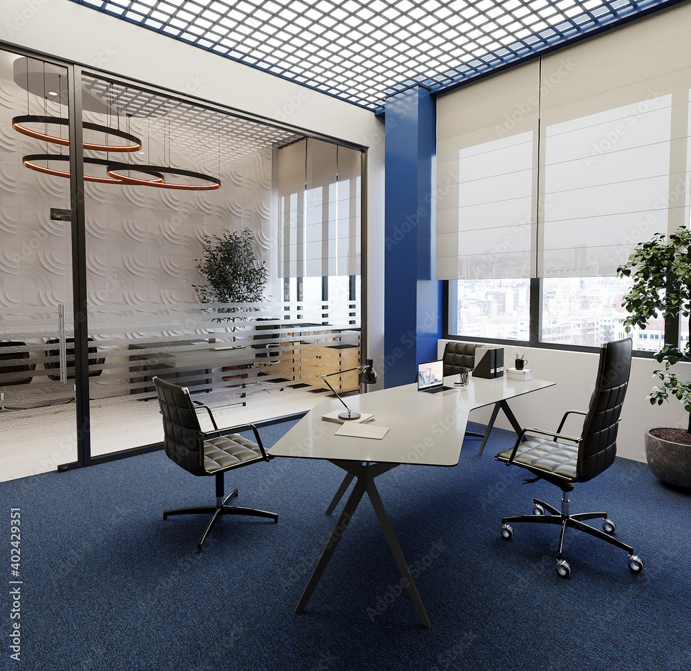 Modern inteior office design with chair and desk, 3d render