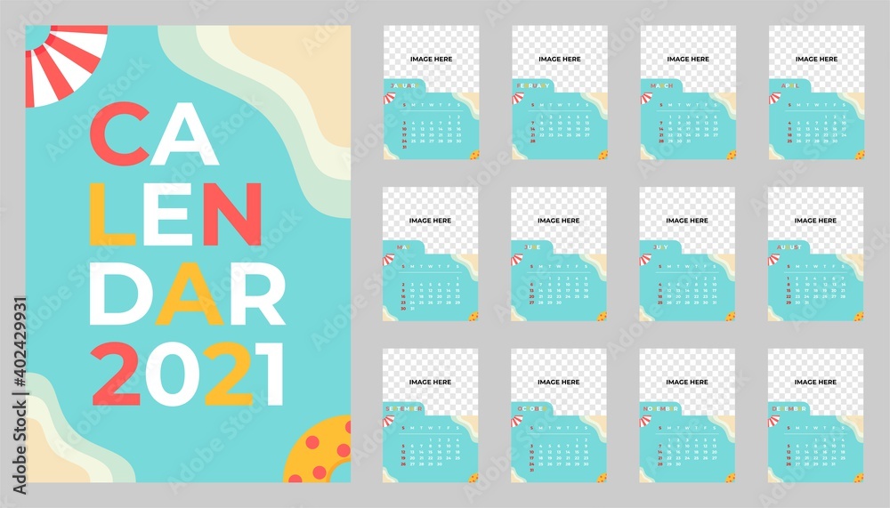 Wall Calendar 2021 Template on A Beach Theme - Vector Flat Design Illustration. Suitable for Personal, Business or Organization. Wall Calendar 2021 Template on A Beach Theme - Vector Flat Design Illustration. Suitable for Personal, Business or Organization.