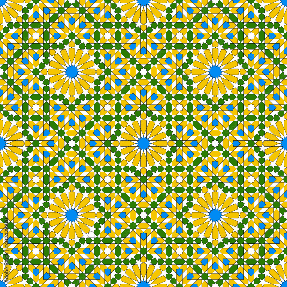 Seamless geometric ornament based on traditional islamic art. Yellow, blue, green and white colors.