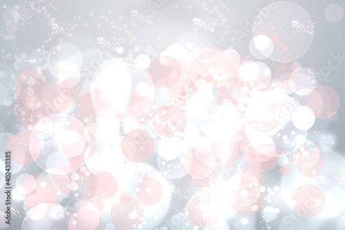 Abstract festive light pink gradient gray silver bokeh background texture with colorful circles and bokeh lights. Beautiful backdrop with space.