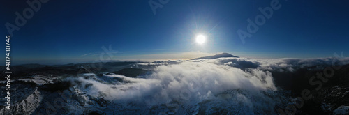 180 degree virtual reality panorama of Nebrodi lakes valley in winter time with view of Etna volcano, Sicily, Italy.