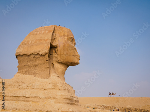 Head of the sphynx of the great pyramids of Giza, Cairo, Egypt - pharaoh monuments and tombs
