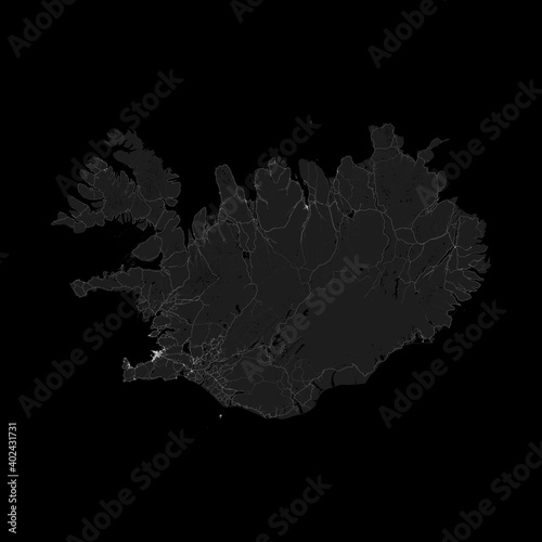 Iceland map. Road map of Iceland. It includes properly grouped all roads of the country (from highways to country roads and railways). Dark grayscale decorative graphics.