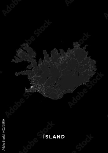 Iceland map poster (portrait). Road map of Iceland. It includes properly grouped all roads of the country (from highways to country roads and railways). Dark grayscale printable graphics.