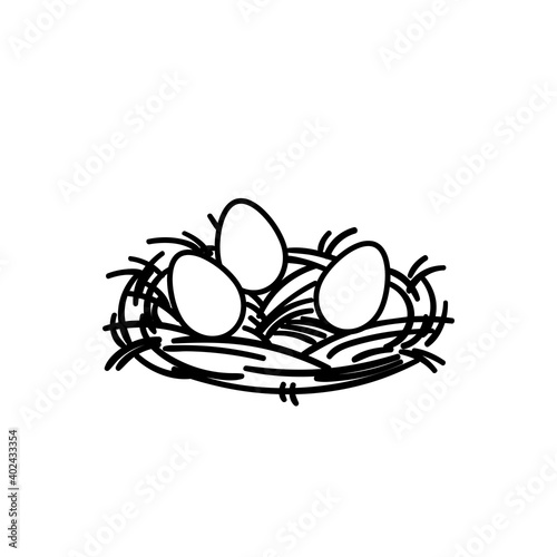 Three eggs lie in a nest of straw. Hand-drawn black on white chicken eggs. Vector stock illustration isolated on white background.