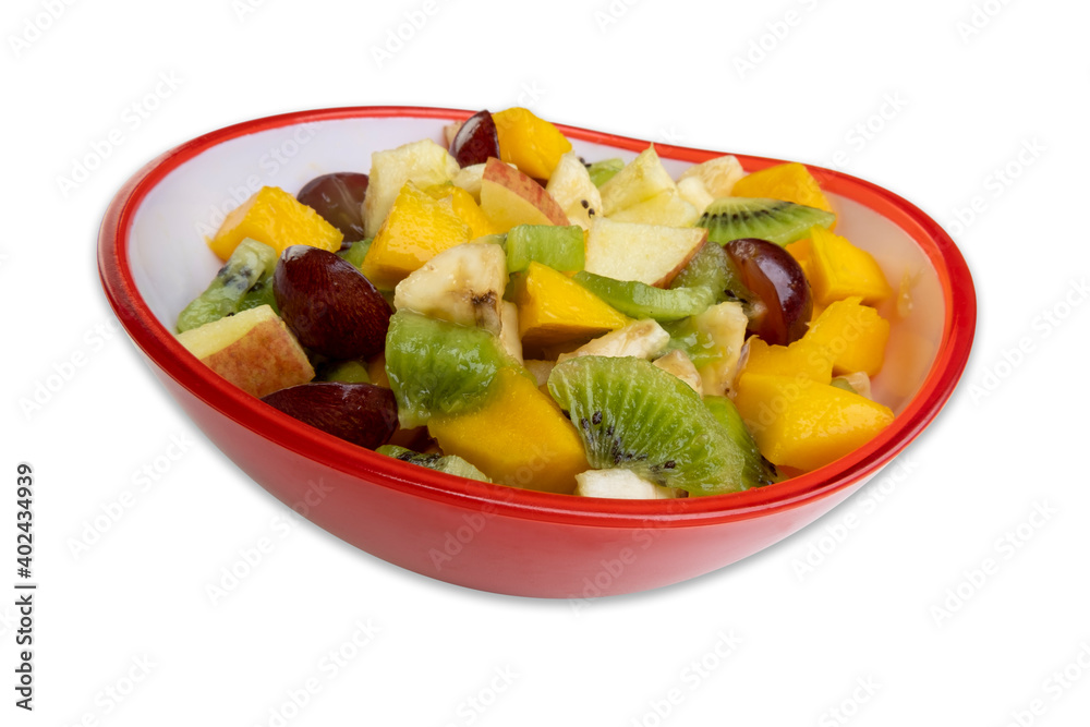 red bowl with fruit salad on white background red bowl with fruit salad on white background