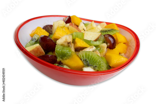red bowl with fruit salad on white background