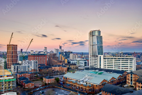 Bridgewater Place and Leeds City Centre aerial view at sunset. Yorkshire Northern England United Kingdom.  photo