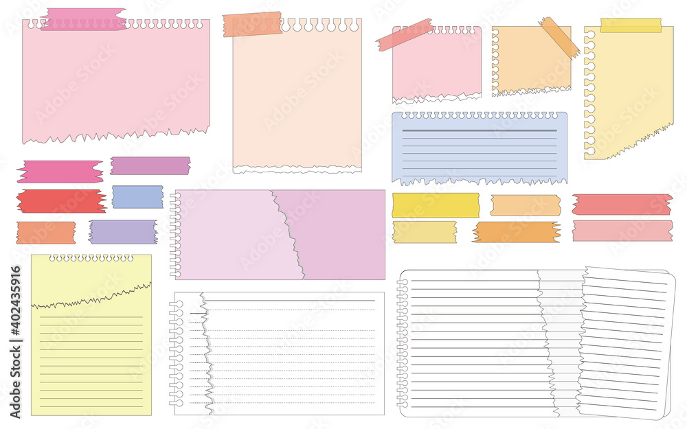 Business and work concept. note books, memo papers, stickers and masking tapes illustration. Set of memo and papers. Tore papers. Vector illustration. メモ紙、ノート、付箋、紙イラスト、カラフルメモ紙イラスト、破れた紙イラスト、