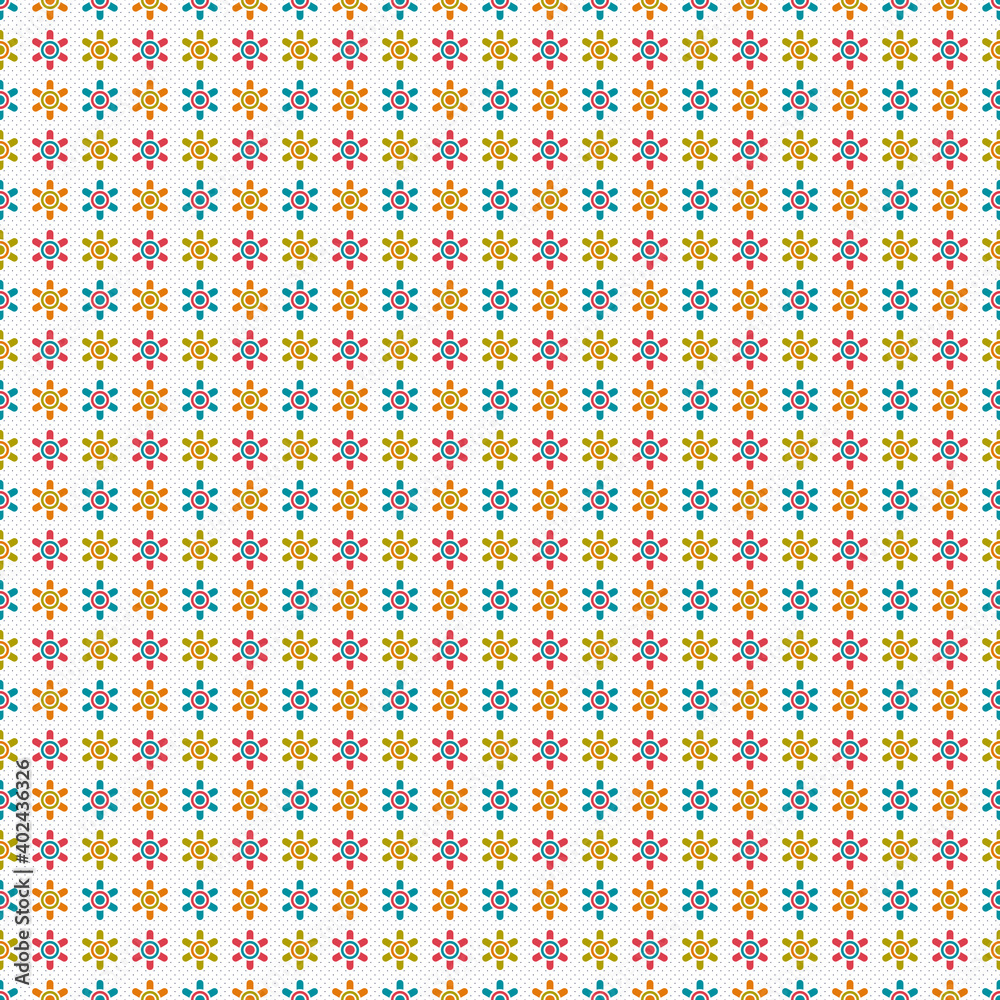 Colorful flowery seamless pattern on polka dots Colorful flowery seamless pattern on polka dots