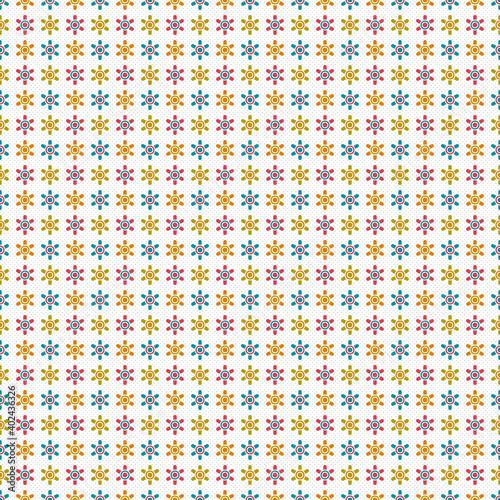 Colorful flowery seamless pattern on polka dots