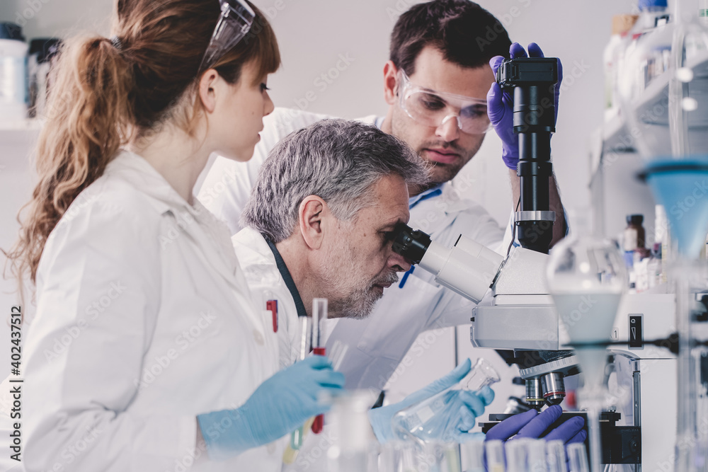 Health care researchers microscoping in life science laboratory. Young research scientists and senior professor preparing and analyzing microscope slides in research lab. Health care researchers microscoping in life science laboratory. Young research scientists and senior professor preparing and analyzing microscope slides in research lab.
