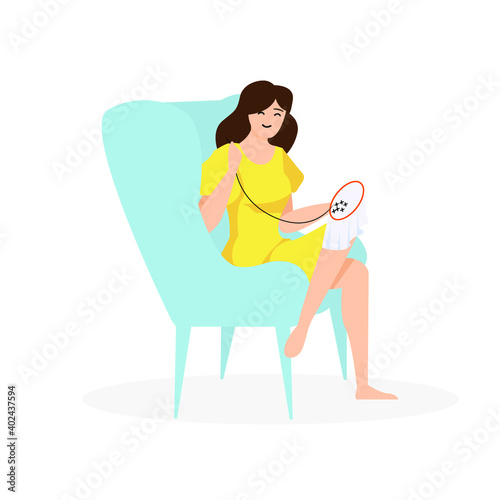 woman sitting at home and doing her favorite thing, cross-stitch, vector illustration