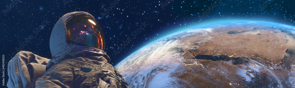 An astrounaut in outer space against the Earth on background - obrazy, fototapety, plakaty 
