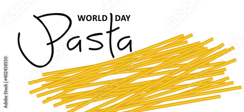 Word pasta day, Italian food such as: spaghetti, vermicelli, rotini, fusili, tortellini, linguini, conchiglie, fettucine, penne, capellini. Traditional Italian dish. Flat vector sign.
