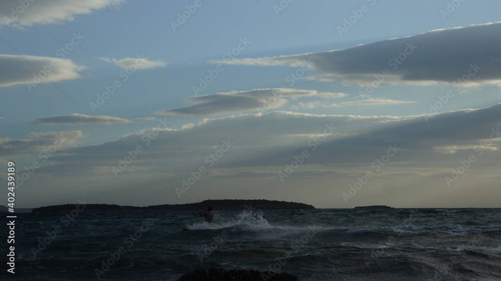 Kitesurfing in the windy sea near Athens Greece