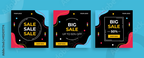 Set of editable templates for Instagram post, Facebook square frame, social media, black Friday, sale, advertisement, and business, fresh design with black pink blue color and minimalist vector (1/3)